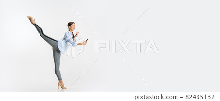 Portrait of young business woman, worker making video call isolated over white background 82435132