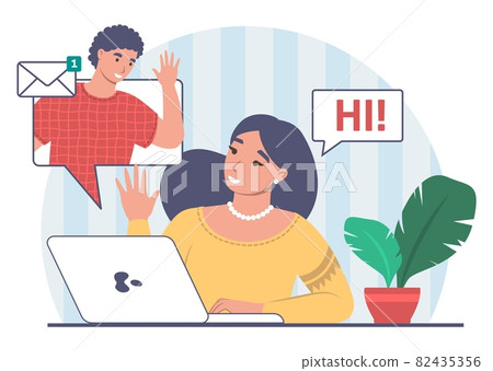 Online conversation between young couple over the internet. People sending and receiving messages, vector illustration. Online conversation between young couple over the internet. People sending and receiving messages, vector illustration. 82435356