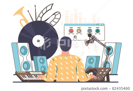 Sound designer, engineer creating, mixing, recording music, flat vector illustration. Sound production equipment. 82435400