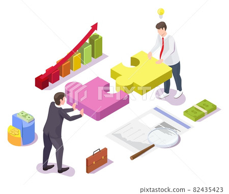 Business people solving jigsaw puzzle, vector isometric illustration. Teamwork, cooperation, partnership, strategy. 82435423