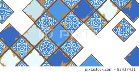 Portuguese azulejo vintage ceramic tile background. Old grunge background with chipped enamel tile. Italian pottery or spanish majolica. Portuguese azulejo vintage ceramic tile background. Old grunge background with chipped enamel tile. Italian pottery or spanish majolica. 82437431
