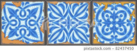 Portuguese azulejo vintage ceramic tile pattern. Old grunge background with chipped enamel tile. Italian pottery or spanish majolica. Portuguese azulejo vintage ceramic tile pattern. Old grunge background with chipped enamel tile. Italian pottery or spanish majolica. 82437450