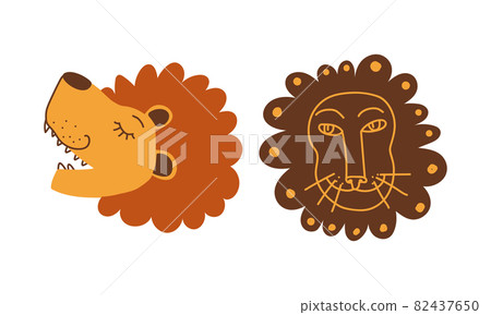 Funny Lion Snout as African Animal with Mane Doodle Vector Set 82437650