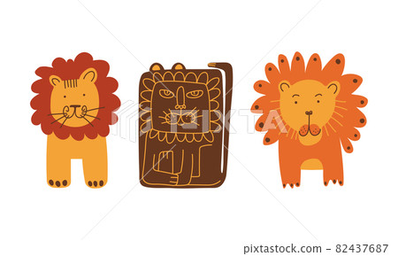 Funny Lion as African Animal with Mane Doodle Vector Set Funny Lion as African Animal with Mane Doodle Vector Set 82437687