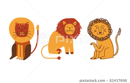 Funny Lion as African Animal with Mane Doodle Vector Set 82437698