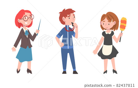 Cute Girl and Boy Having Different Profession Wearing Uniform Vector Set Cute Girl and Boy Having Different Profession Wearing Uniform Vector Set 82437811
