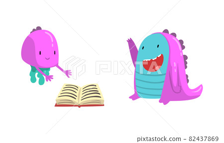 Funny Purple Monster Character Reading Book Vector Set 82437869