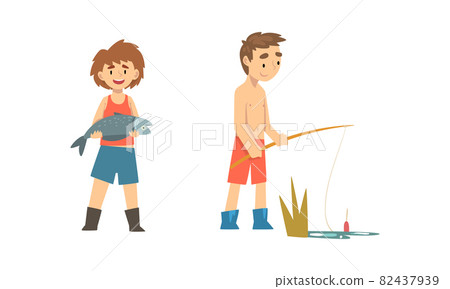 Boy Character in Fisherman Boots with Angling Rod Fishing Vector Set 82437939