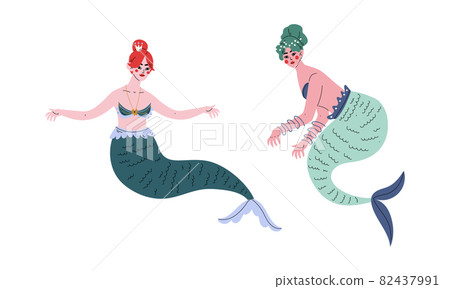 Mermaid or Seamaid with Lush Hair Floating Underwater Vector Set 82437991