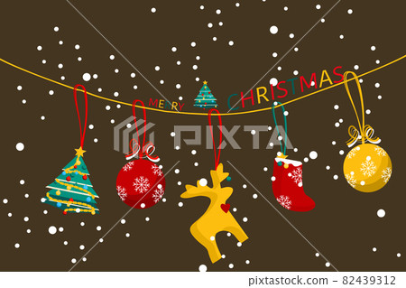 cartoon and flat art design with christmas tree ornament ball and red sock hanging with snow fall background cartoon and flat art design with christmas tree ornament ball and red sock hanging with snow fall background 82439312