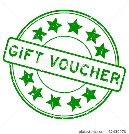 Grunge green gift voucher word with star icon round rubber seal stamp on white background Grunge green gift voucher word with star icon round rubber seal stamp on white background 82439978