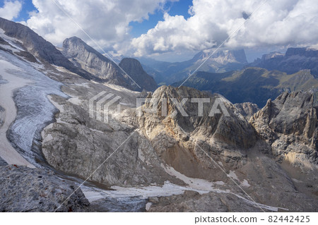 View of the Marmolada massif. Dolomites. Italy. - Stock Photo