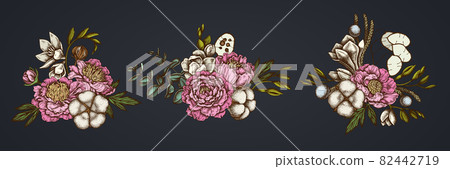 Flower bouquet of colored ficus, eucalyptus, peony, cotton, freesia, brunia Flower bouquet of colored ficus, eucalyptus, peony, cotton, freesia, brunia 82442719
