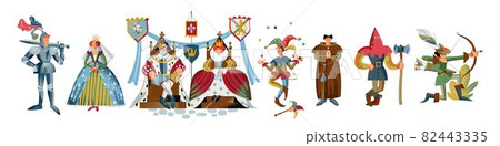 Medieval characters set. People in Middle Ages vector illustration. King, queen, princess, knight, jester, archer isolated on white background 82443335