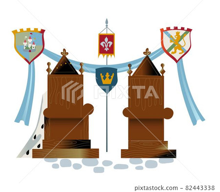 Medieval royal thrones background. Middle Ages emperor and royalty elements vector illustration. Historical traditional wooden furniture with herald shields on white background 82443338