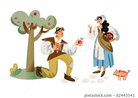 Medieval peasants collecting apples. Young happy woman and man helping in Middle Ages vector illustration. Historical people in costumes with basket and pig on white background 82443341