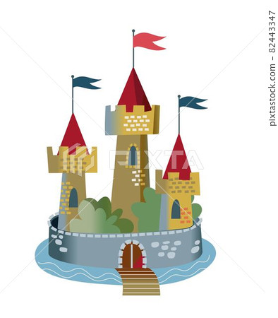 Medieval castle with towers. Middle Ages fantasy kingdom vector illustration. Royal palace with flags, surrounded by wall, gate and bridge over water isolated on white background 82443347