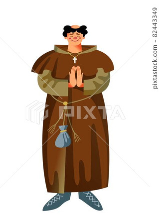 Medieval priest or bishop character. Religious man standing and praying in Middle Ages period vector illustration. Smiling man with hands together isolated on white background Medieval priest or bishop character. Religious man standing and praying in Middle Ages period vector illustration. Smiling man with hands together isolated on white background 82443349