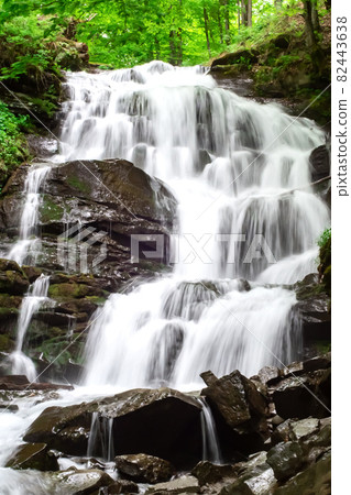Beautiful mountain waterfall Shypot in a dense forest in early spring. Pylypets, Carpathian Mountains, Ukraine Beautiful mountain waterfall Shypot in a dense forest in early spring. Pylypets, Carpathian Mountains, Ukraine 82443638