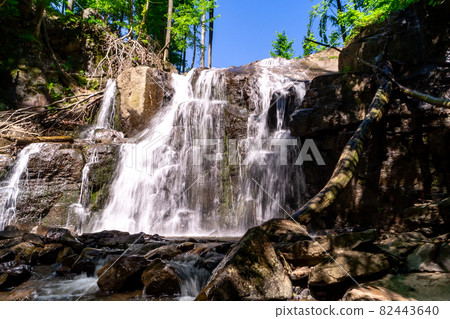 Beautiful mountain waterfall in a dense forest in early spring. Carpathian Mountains, Ukraine Beautiful mountain waterfall in a dense forest in early spring. Carpathian Mountains, Ukraine 82443640