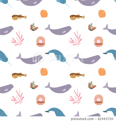 Sea animal seamless pattern with beluga, narwhale, seashell with pearl, coral. Undersea world habitants print. Hand drawn underwater life vector illustration. Funny cartoon marine animals character Sea animal seamless pattern with beluga, narwhale, seashell with pearl, coral. Undersea world habitants print. Hand drawn underwater life vector illustration. Funny cartoon marine animals character 82443720