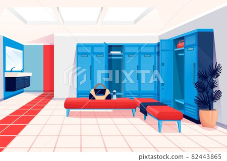 Modern locker room interior design background. Room for changing clothes for fitness and sport exercise in gym vector illustration. Private place with lockers, benches, sinks, mirror, bags Modern locker room interior design background. Room for changing clothes for fitness and sport exercise in gym vector illustration. Private place with lockers, benches, sinks, mirror, bags 82443865