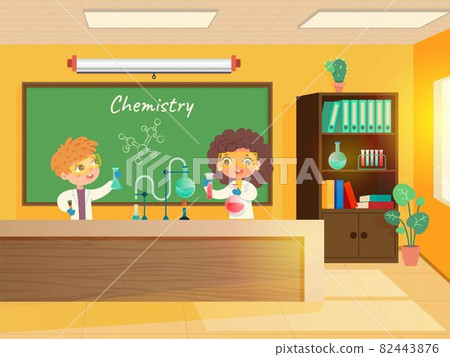 Chemistry lesson in classroom. Education in school vector illustration. Girl and boy doing chemistry experiment at school. Blackboard and bookcase Chemistry lesson in classroom. Education in school vector illustration. Girl and boy doing chemistry experiment at school. Blackboard and bookcase 82443876