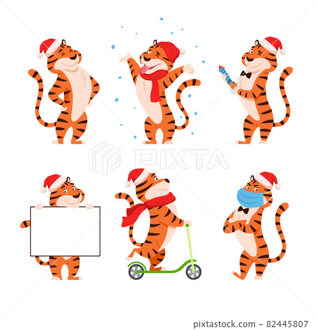Adorable tigers collection on white background. New Year 2022 cute cartoon happy Chinese symbol in Santa hat. Striped wild cat with firework cracker blank banner. Christmas holiday vector illustration Adorable tigers collection on white background. New Year 2022 cute cartoon happy Chinese symbol in Santa hat. Striped wild cat with firework cracker blank banner. Christmas holiday vector illustration 82445807