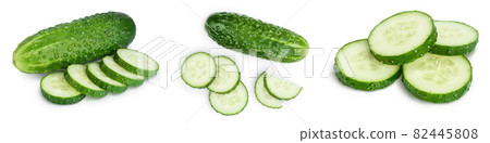 Sliced cucumber isolated on white background. Set or collection Sliced cucumber isolated on white background. Set or collection 82445808