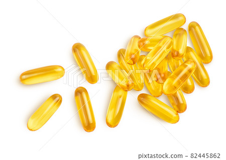 Fish oil capsules isolated on white background with clipping path and full depth of field. Top view. Flat lay 82445862