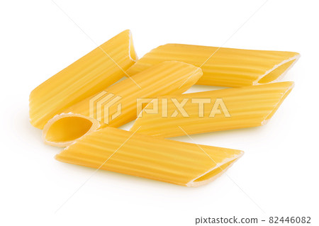 Raw italian penne rigate pasta isolated on white background with clipping path and full depth of field Raw italian penne rigate pasta isolated on white background with clipping path and full depth of field 82446082