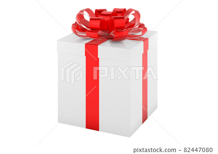 White gift box with red ribbon and bow, 3D... - Stock Illustration ...