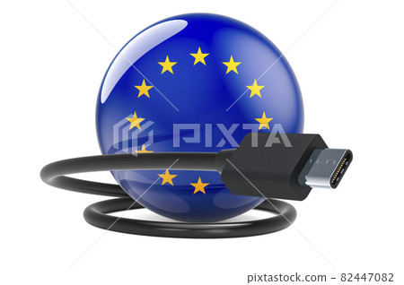 USB-C charging with the European Union flag. 3D rendering USB-C charging with the European Union flag. 3D rendering 82447082