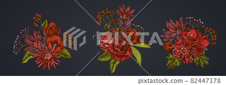 Flower bouquet of colored viburnum, hypericum, tulip, aster, leucadendron, amaryllis Flower bouquet of colored viburnum, hypericum, tulip, aster, leucadendron, amaryllis 82447178
