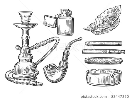 Set smoking tobacco elements. Hookah, lighter, cigarette, cigar, ashtray, pipe, leaf, mouthpiece. Set smoking tobacco elements. Hookah, lighter, cigarette, cigar, ashtray, pipe, leaf, mouthpiece. 82447250
