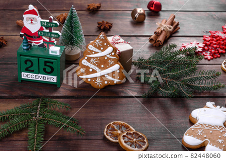 Christmas festive gingerbread made at home on a dark table 82448060