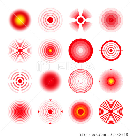 Pain localization marks. Painful area, aching spot. Red circles, targets. Headache, bruised body Pain localization marks. Painful area, aching spot. Red circles, targets. Headache, bruised body 82448568