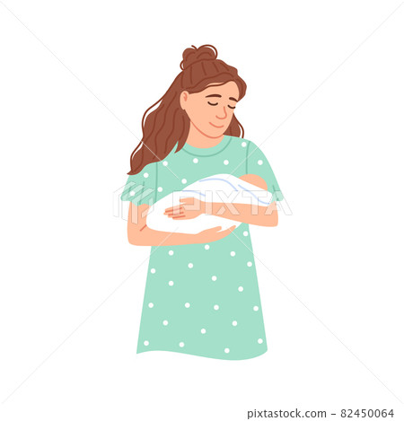 Young Caucasian female person holding her newborn sleeping baby with blanket. Flat beautiful mother portrait isolated on white background. Color childcare concept. Motherhood illustration. 82450064