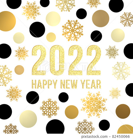 2022 Happy New Year background. Golden black circles snowflakes glittering glowing gold celebrating text. Abstract greeting card design template. Bright shining New Year decoration illustration 82450066