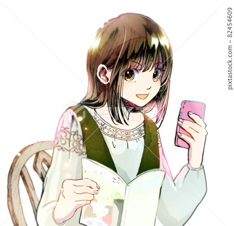 一個女孩玩智能手機的插圖 沒有背景，雜誌，人的中心，看著相機 82454609