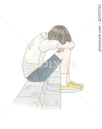 A boy sitting on the side of the road, holding... - Stock Illustration ...