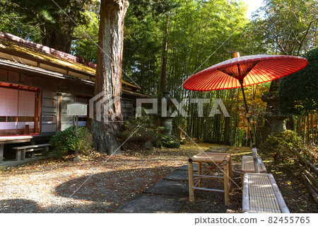 The precincts of Takedera with a red Japanese umbrella and a bamboo rim / Hanno City, Saitama Prefecture [Ioyama Yakujuin Hachioji] 82455765