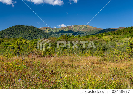 Mt. Kurikoma and World Valley Wetland in Autumn 82458657