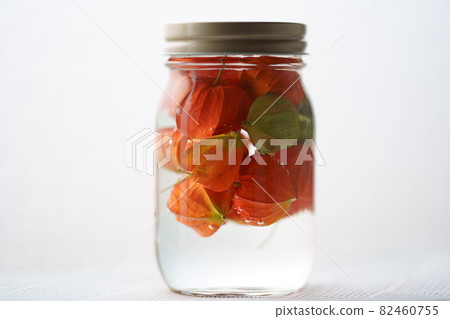 Making openwork hozuki, hozuki in a glass bottle soaked in water Making openwork hozuki, hozuki in a glass bottle soaked in water 82460755