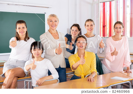 Students with teacher giving thumbs up Students with teacher giving thumbs up 82460966