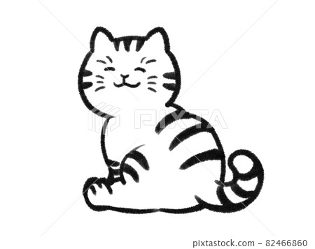 Illustration of a cat sitting with his back facing a Japanese painting touch 82466860