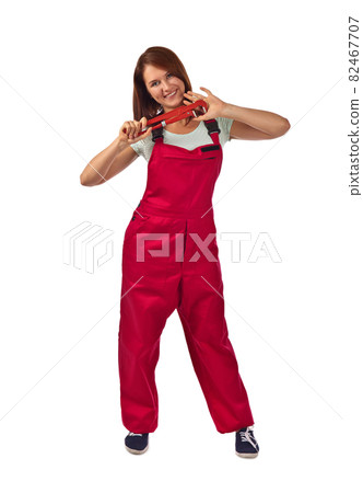 woman in red overalls  , isolated on white 82467707