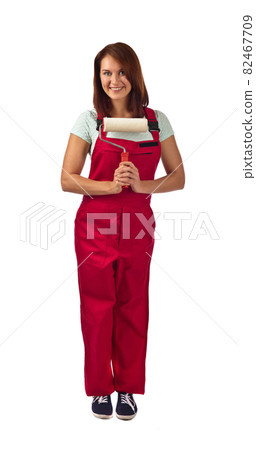 woman in red overalls , isolated on white woman in red overalls , isolated on white 82467709
