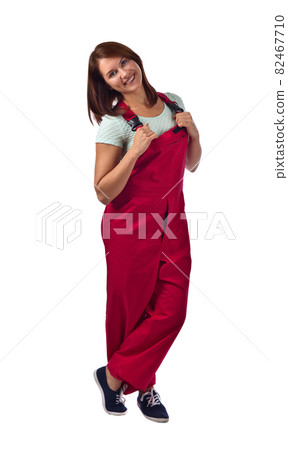 woman in red overalls , isolated on white woman in red overalls , isolated on white 82467710