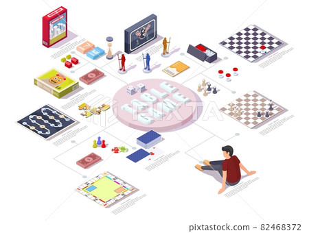 Board games vector infographic. Isometric table games for adults, kids. Monopoly, chess, checkers, puzzle, playing cards Board games vector infographic. Isometric table games for adults, kids. Monopoly, chess, checkers, puzzle, playing cards 82468372